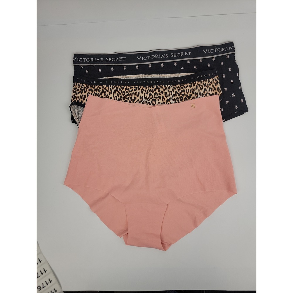 Victorias Secret Panty Bundle 3 Pack Med Peach Leopard Black Logo Brief Shortie